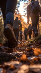 A group of friends hiking in the forest at sunrise, a close-up shot focusing on their shoes and legs as they walk along an old trail with scattered pine trees around them