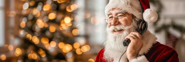 Cheerful Santa Claus wearing headset, answering phone calls and talking Merry Christmas on xmas eve