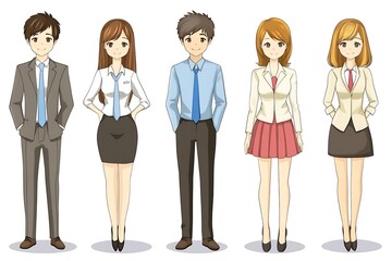 Illustration of Five Anime Characters Dressed in Business Attire.