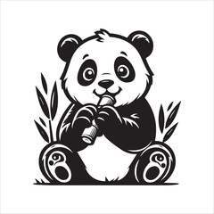 Adorable Panda Enjoying a Bamboo Treat vector illustration silhouette