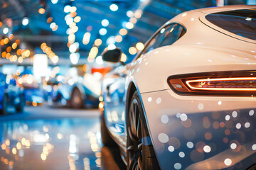 New cars display in luxury showroom with light bokeh in motor show event.