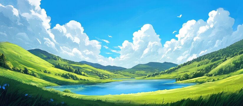 Vibrant landscape featuring rolling hills and a serene lake under a bright blue sky with fluffy clouds ideal for serene nature and outdoor themes