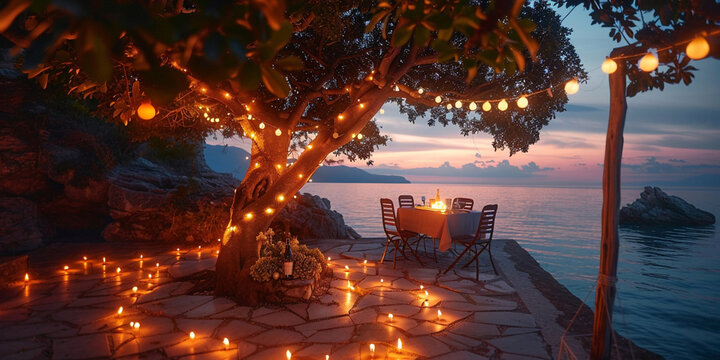 This picture shows a cozy wooden bed in front of a beautiful sunset on a seashore decorated with candles and greetings

