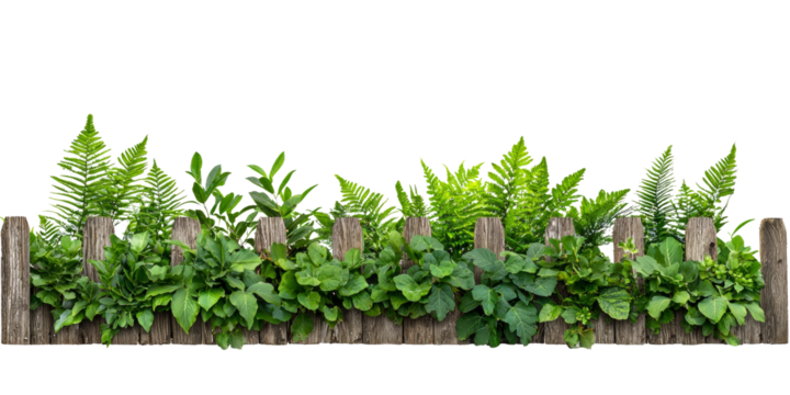 Lush green plants and ferns bordered by wooden fence in garden setting
