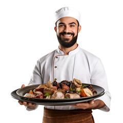 Cheerful mature Arab cook posing and smiling at camera, chef in an apron png format on transparent background
