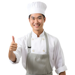 Cheerful mature Asian cook man posing holding a tray with cake and smiling at camera, chef in an apron png format on transparent background