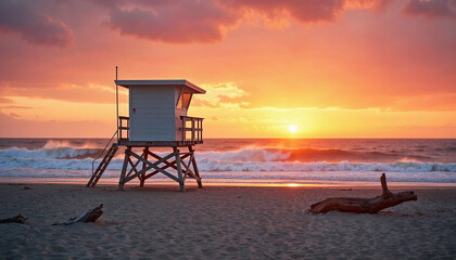 Lifeguard tower on an empty beach with a dramatic sunset and choppy sea
