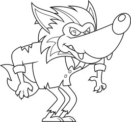 Outlined Cute Halloween Werewolf Cartoon Character. Vector Hand Drawn Illustration Isolated On Transparent Background