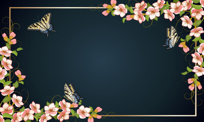 Gradient background with frame and flowers.Cherry blossom branches and butterflies in vector illustration with a frame on a gradient background.
