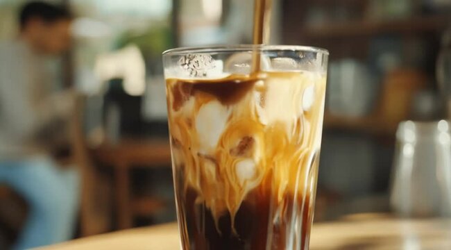 Scene shown near a glass filled with iced coffee and caramel, Camera slow motion with different angles