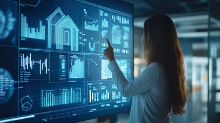 woman using tablet computer, person in front of a screen with map. person in front of a display. person in front of a screen