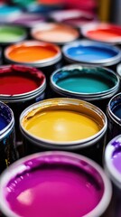 open paint cans with colorful vibrant shades for home renovation