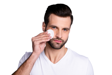 Close up photo amazing he him his macho hairdo after barber shop stylist visit clean facial perfect ideal skin moisturizer look mirror bath shower wear casual white t-shirt isolated grey background