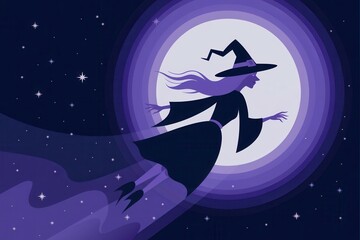 Naklejka premium Whimsical Witch Flying Against a Purple Moon Background - Modern Halloween Illustration for Festive Marketing