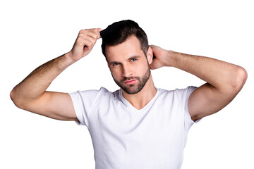 Close up photo amazing he him his macho perfect appearance hands arms plastic hair styling brush take care hairdo after barber shop stylist visit wear casual white t-shirt isolated grey background