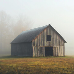 Obraz premium A weathered, wooden barn standing in a field covered with early morning fog. landscape is peaceful, with distant trees just visible through