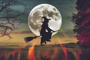 Witch Silhouette Flying on Broomstick Against Full Moon - Spooky Halloween Illustration for Seasonal Marketing