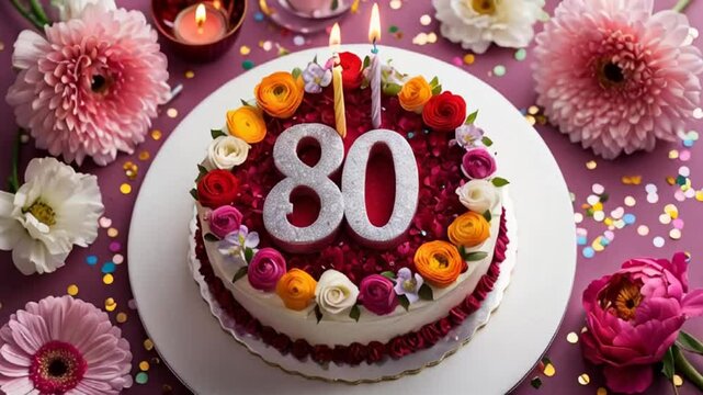Delicious festive sweet cake with candle number 80, elegant flowers