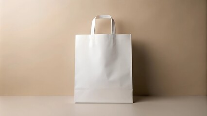 Minimalist White Paper Bag. a plain white paper bag with handles, standing upright against a neutral background. It is unbranded and eco-friendly, suitable for various packaging needs.