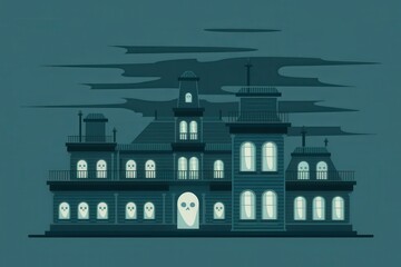 Spooky Haunted House Illustration with Glowing Windows - Perfect for Halloween Events, Merchandise, and Graphic Design