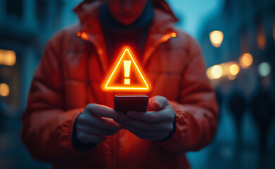 System warning caution sign on smartphone, scam virus attack on firewall for notification error and maintenance. Network security vulnerability, data breach, illegal connection and information danger