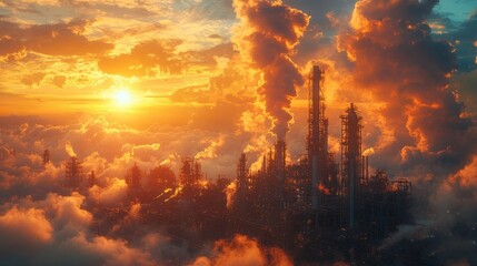Obraz premium Industrial Skyline at Sunset with Rising Smoke Generative AI