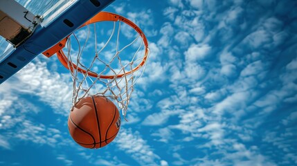 Fototapeta premium Basketball Soaring Through Hoop Against a Bright Blue Sky with Fluffy Clouds