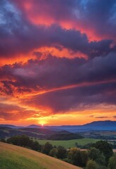 Obraz premium Sunset over rolling hills with mountains in the distance