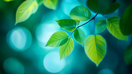 Fototapeta premium Green leaves illuminated by soft sunlight in a tranquil forest setting during the morning