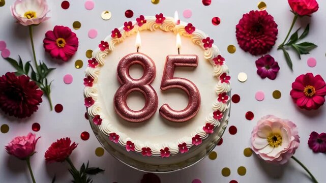 Delicious festive sweet cake with candle number 85, elegant flowers