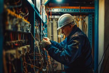 Fototapeta premium Professional electrician man works in a switchboard with an electrical connecting cable, Electrician repairing