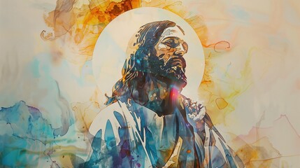 Fototapeta premium Inspirational Watercolor Image of Jesus Christ in Ethereal Colors with Vibrant Ink Wash Creating a Heavenly Aura