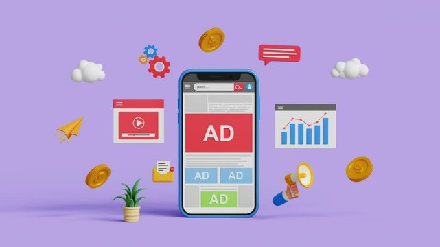 Website ads, digital marketing concept. Advertising on social media. PPC ad campaign and performance metrics. Targeted inbound ads. 4K 3D loop animation