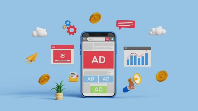Online advertising on social media. PPC ad campaign. Targeted inbound ad. 3D digital marketing with programmatic social network advertising. 4K 3D loop animation