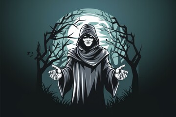Mysterious Hooded Figure Under Full Moon - Gothic Horror Illustration for Halloween Merchandise and Digital Art