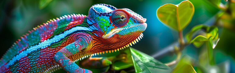 Obraz premium Colorful chameleon camouflaging among green leaves in the wild