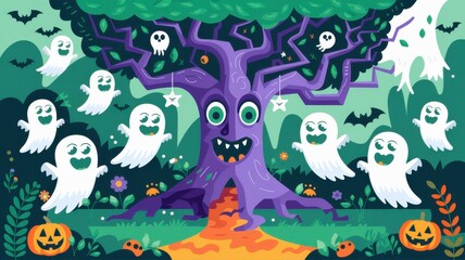Whimsical Halloween Ghosts and Purple Tree Illustration for Kids - Playful and Colorful Halloween Artwork for Children's Parties and Decor