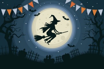 Spooky Witch Silhouette Flying on Broomstick Against Full Moon - Halloween Graphic for Events, Parties, and Promotions