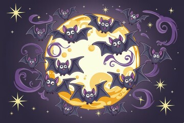 Whimsical Cartoon Bats Flying in Front of a Full Moon - Playful Halloween Illustration for Kids and Party Decor