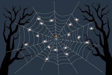 Spooky Spider Web Illustration with White Spiders on Dark Background - Perfect for Halloween Events, Promotions, and Graphic Design