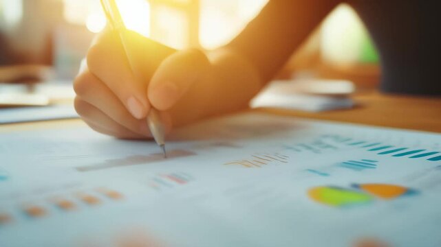 Close-up of a hand writing on data charts with sunlight in the background. Financial business analysis and planning.
