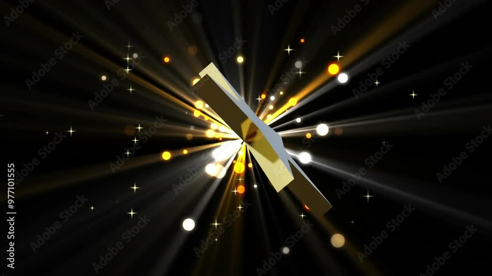 Wall mural rotating gold christmas star over starburst with yellow and orange light spots on black background