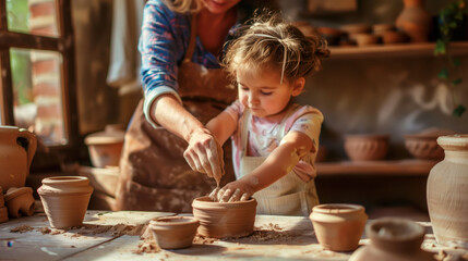 Child and Adult Bonding While Making Traditional Pottery Together in a Cozy Workshop Setting