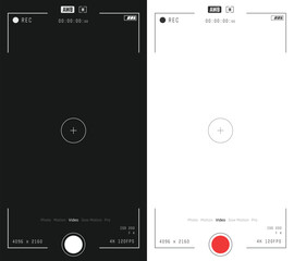 Phone video and photo camera vertical overlay. 16:9 template. Full hd or 4k format for smart phone. Camera frame vector template. Black lines and text on white, and white lines on black background.