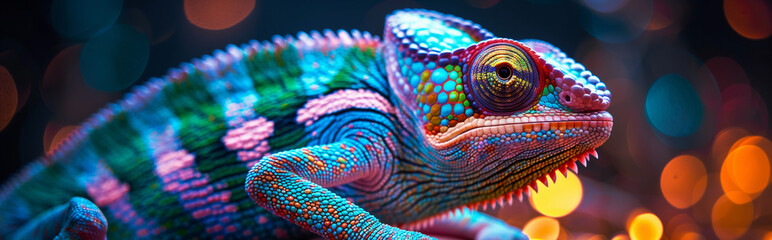 Banner with cute colorful chameleon close-up with glowing bokeh lights in background