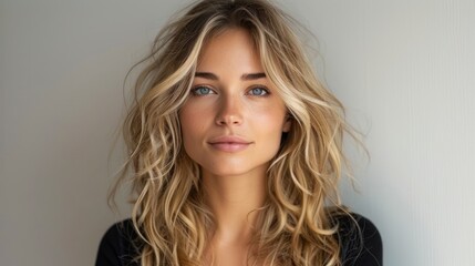 A captivating young woman with flowing blonde hair and striking blue eyes posed against a neutral background in natural light. Generative AI