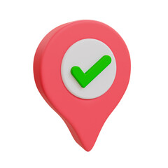 A 3D illustration of a red location pin with a green checkmark, symbolizing confirmation, geolocation, or destination approval.