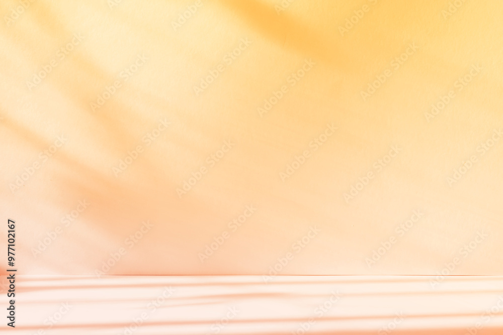 Poster Abstract yellow color gradient studio background for product presentation. Empty room with shadows of window and flowers and plant leaves . 3d room with copy space. Summer concert. Blurred backdrop.