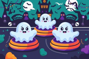 Whimsical Cute Cartoon Ghosts on Colorful Inflatable Rings - Fun Halloween Party Illustration for Kids and Celebrations