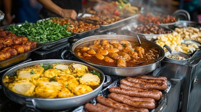 An array of traditional street foods from around the world, including Vietnamese pho, Brazilian feijoada, Turkish kebabs, and American hot dogs, all served together.